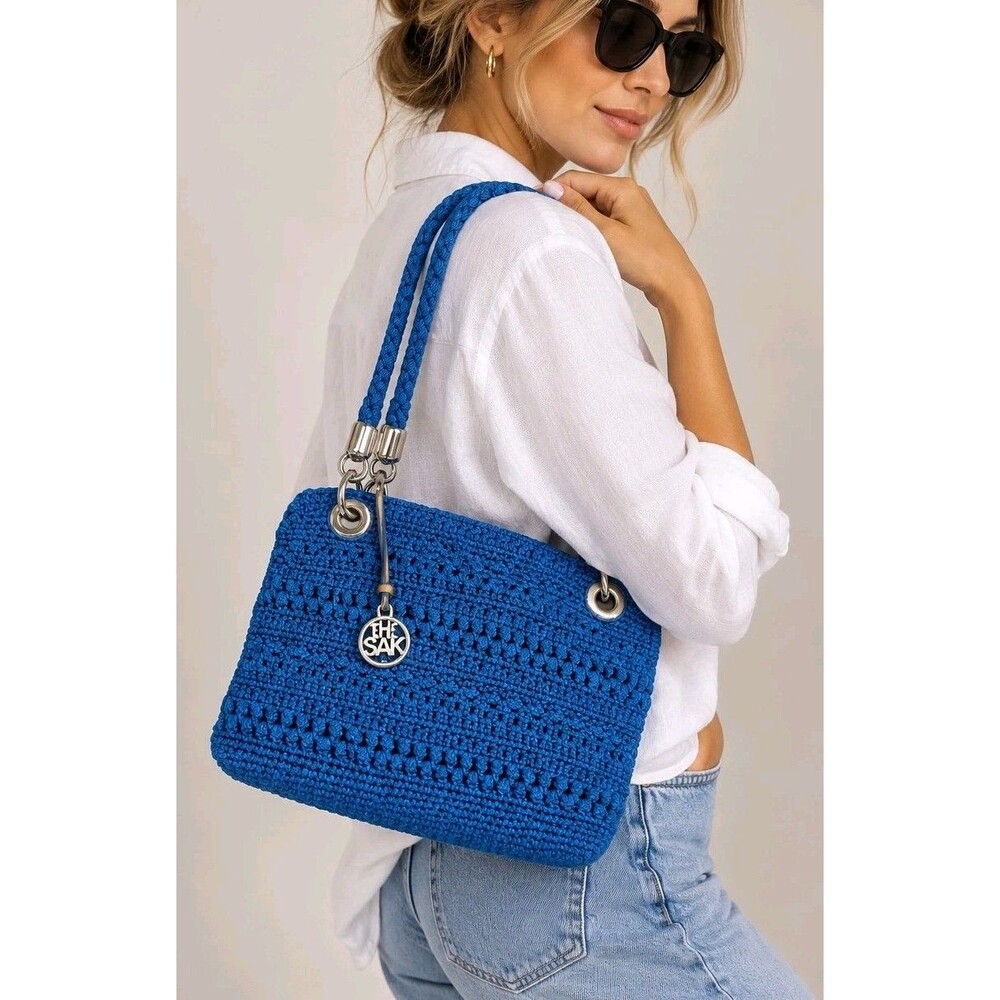 The Sak Blue Crochet Shoulder Bag Boho Y2K Woven Purse Silver Hardware Indonesia